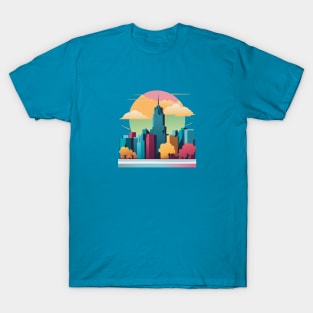 t-shirt design, colorful city skyline with buildings and clouds, vector art T-Shirt